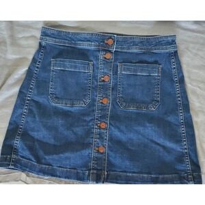 Madewell Stretch Denim A-Line Button Front Skirt Size 8 Blue‎ Pockets Indie 90s